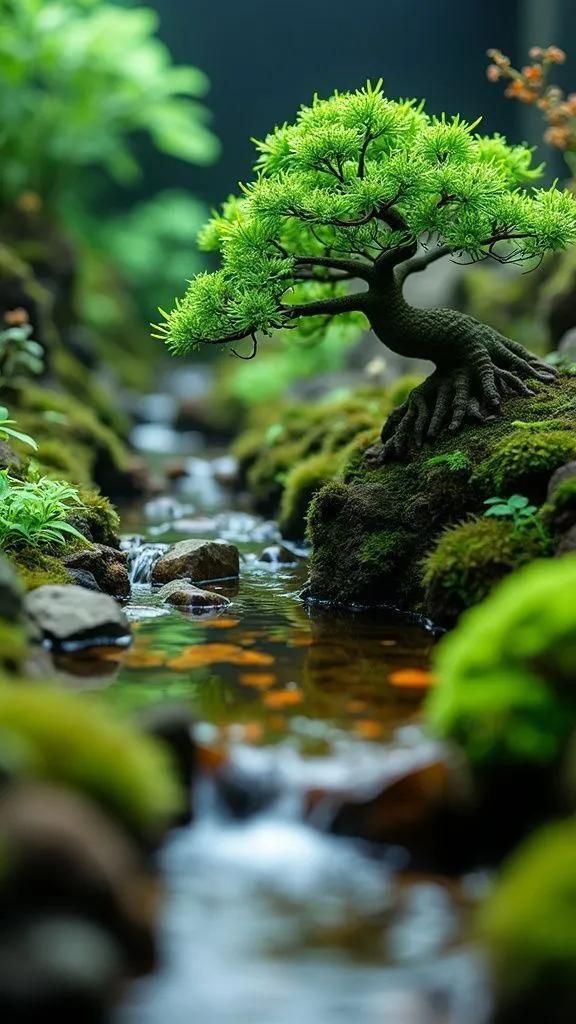 Serene bonsai tree by a stream