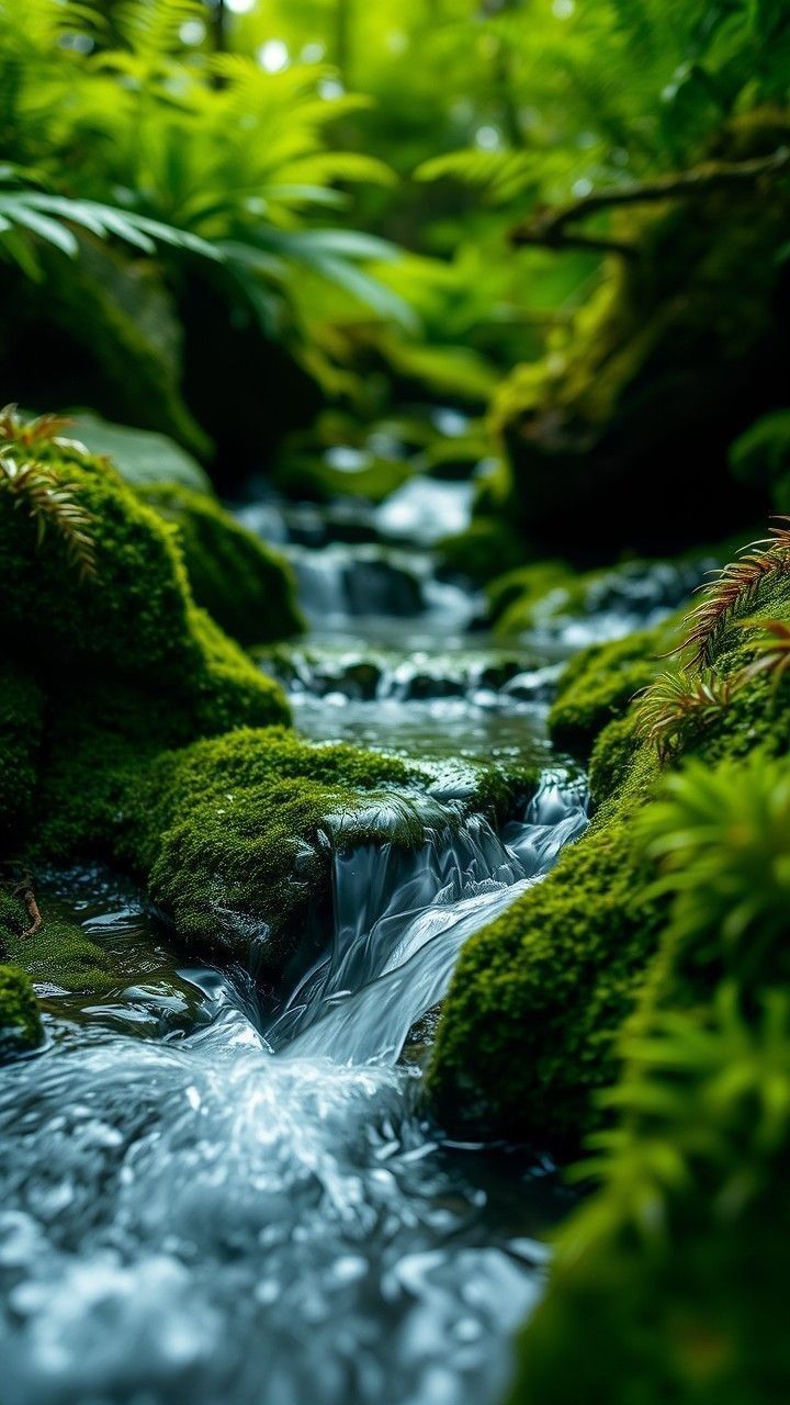 Flowing water through mossy rocks